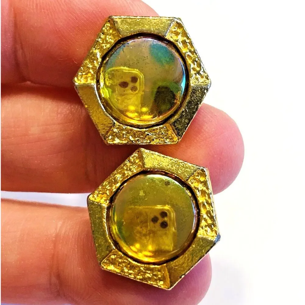 Unique Vintage Cufflinks 1970’s Goldtone & Reflecting Center Stones Hexagon Chic